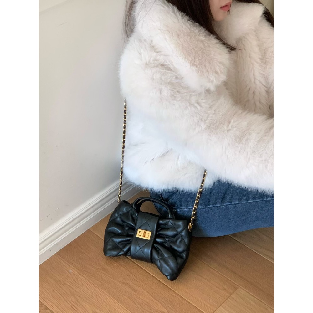 202511正韓🇰🇷小羊皮 蝴蝶結造型小香風皮穿鏈 手提斜挎包 2尺寸-細節圖4