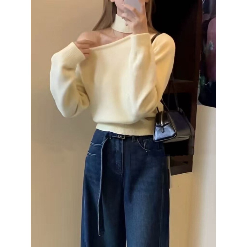 ［台中現貨⚡️］202511小資💘小露香肩小心機 choker造型掛脖斜肩羊毛針織毛衣 3色-細節圖2