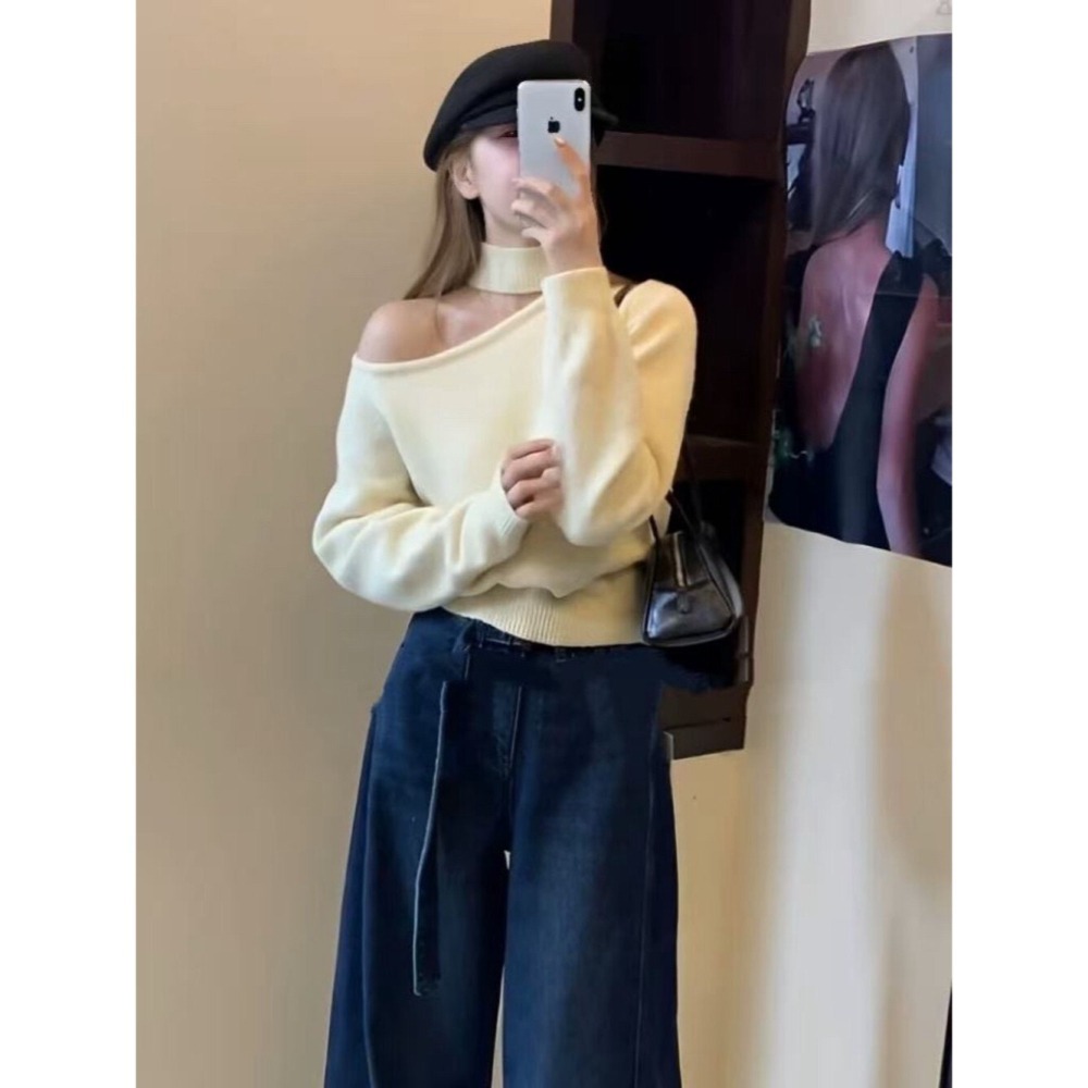 ［台中現貨⚡️］202512小資💘小露香肩小心機 choker造型掛脖斜肩羊毛針織毛衣 3色-細節圖4