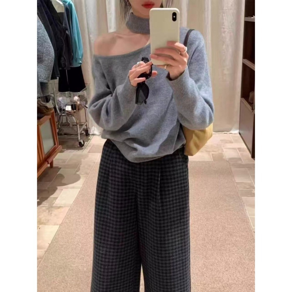 ［台中現貨⚡️］202512小資💘小露香肩小心機 choker造型掛脖斜肩羊毛針織毛衣 3色-細節圖5