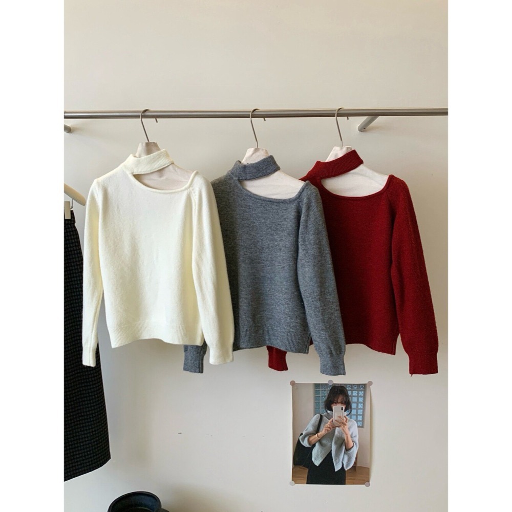 ［台中現貨⚡️］202512小資💘小露香肩小心機 choker造型掛脖斜肩羊毛針織毛衣 3色-細節圖7
