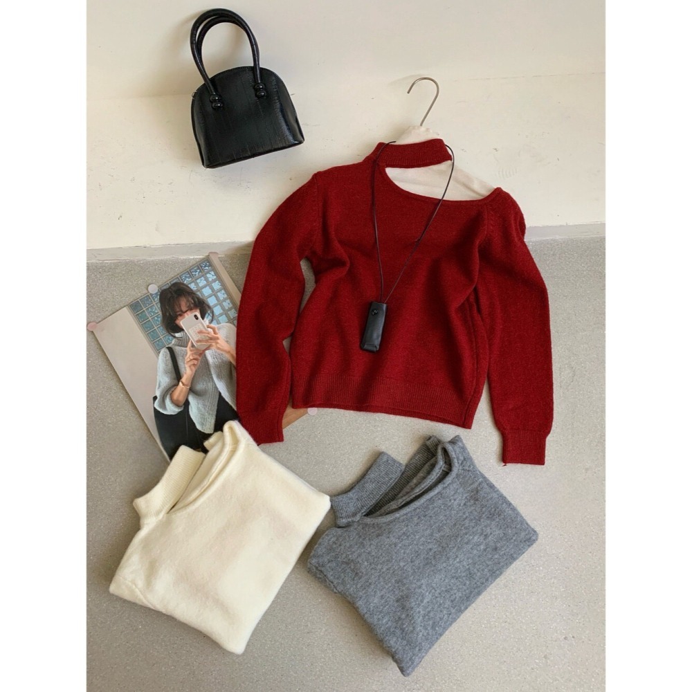 ［台中現貨⚡️］202512小資💘小露香肩小心機 choker造型掛脖斜肩羊毛針織毛衣 3色-細節圖10