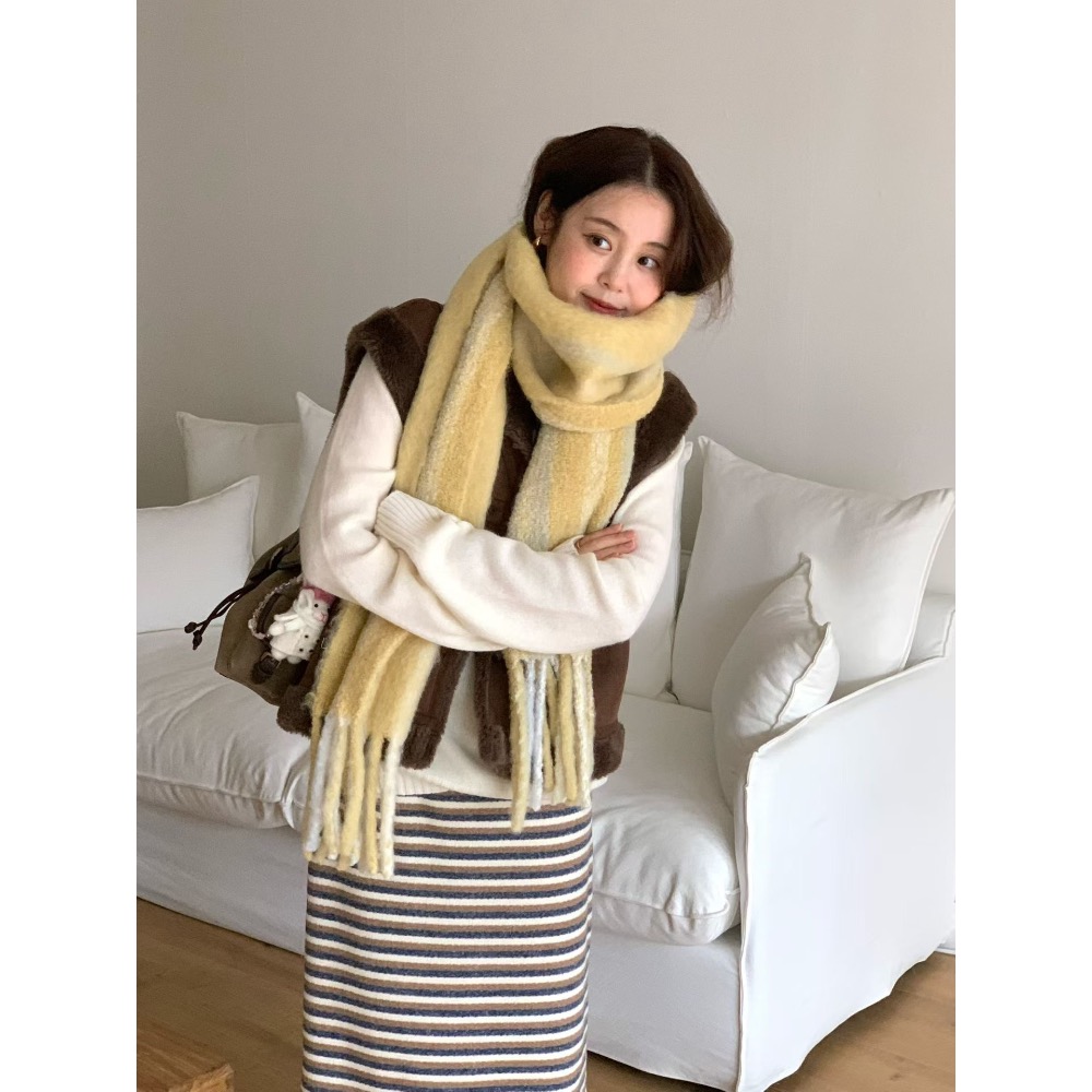 202512正韓🇰🇷韓劇女主 繽紛彩色雙面格紋   羊毛流蘇 大條寬版圍巾 馬卡龍色 5色-細節圖4