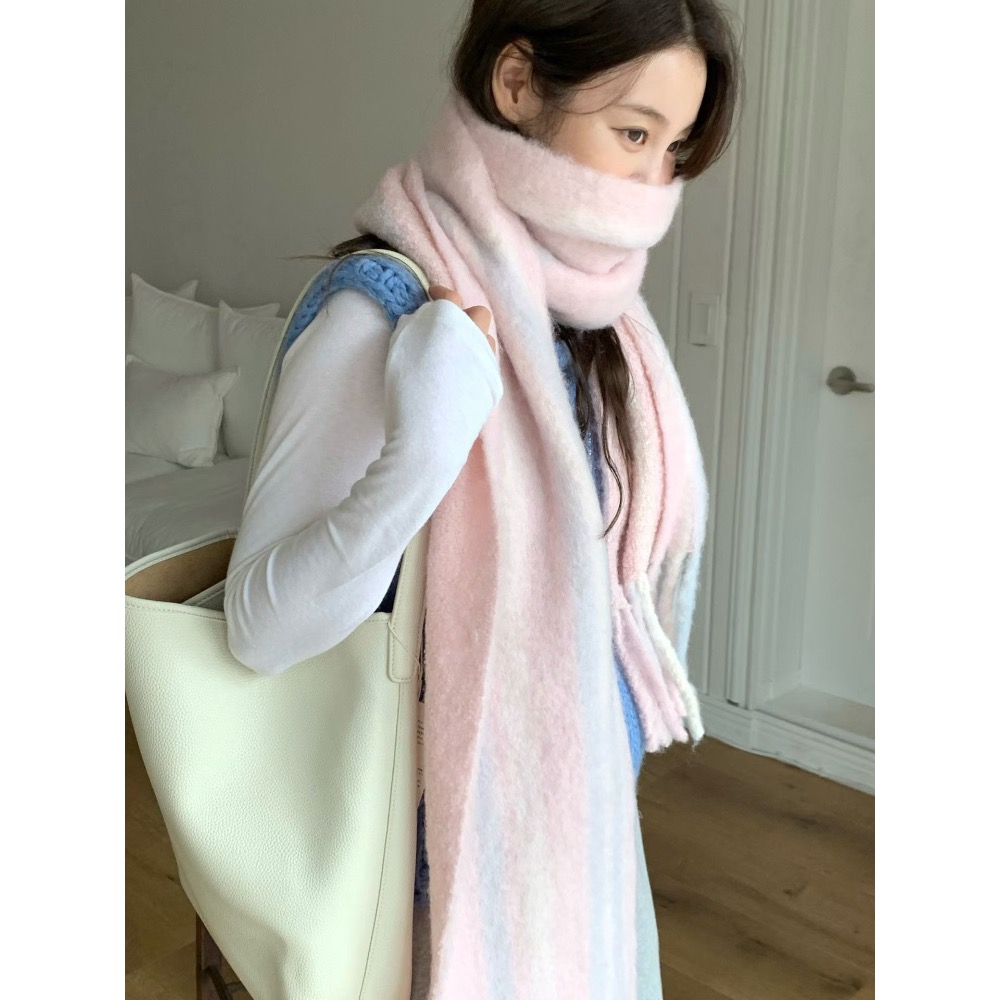 202512正韓🇰🇷韓劇女主 繽紛彩色雙面格紋   羊毛流蘇 大條寬版圍巾 馬卡龍色 5色-細節圖5