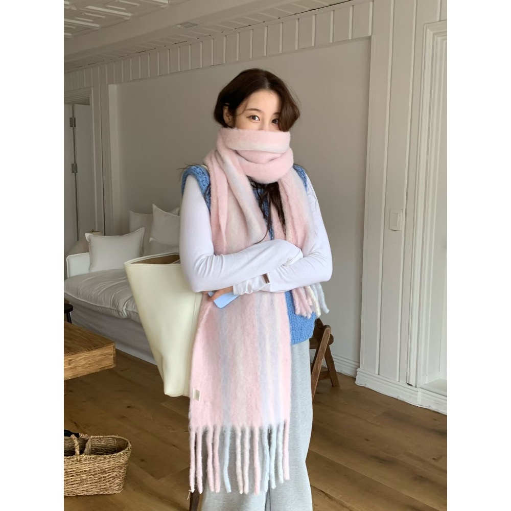 202512正韓🇰🇷韓劇女主 繽紛彩色雙面格紋   羊毛流蘇 大條寬版圍巾 馬卡龍色 5色-細節圖6