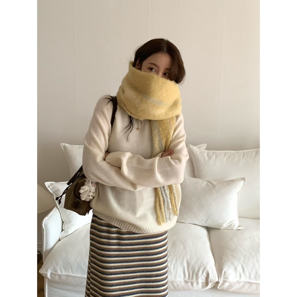 202512正韓🇰🇷韓劇女主 繽紛彩色雙面格紋   羊毛流蘇 大條寬版圍巾 馬卡龍色 5色-規格圖11