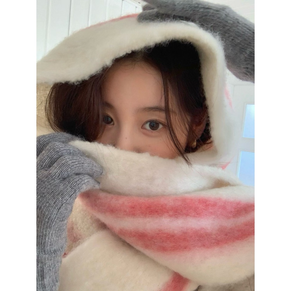 202512正韓🇰🇷韓劇女主 繽紛彩色雙面格紋   羊毛流蘇 大條寬版圍巾 馬卡龍色 5色-規格圖11