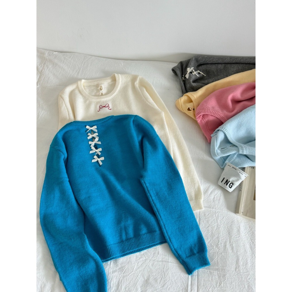 台中現貨 小眾設計款後背立體蝴蝶結六色針織衫 內搭 寶寶藍 AA8413-細節圖3