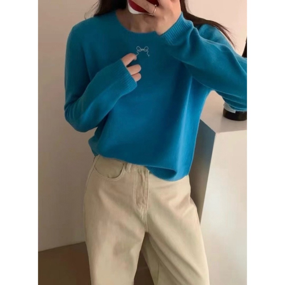 台中現貨 小眾設計款後背立體蝴蝶結六色針織衫 內搭 寶寶藍 AA8413-細節圖6