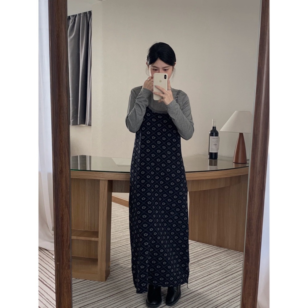 台中現貨 復古甜美花朵垂感顯瘦吊帶連衣裙背心長洋裝  w8012-細節圖3