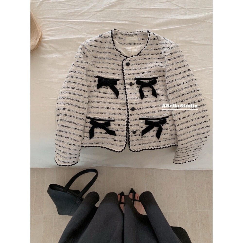 台中現貨 韓系小香風時尚名媛氣質洋氣甜美立體蝴蝶結高級感百搭短外套  E866-細節圖7