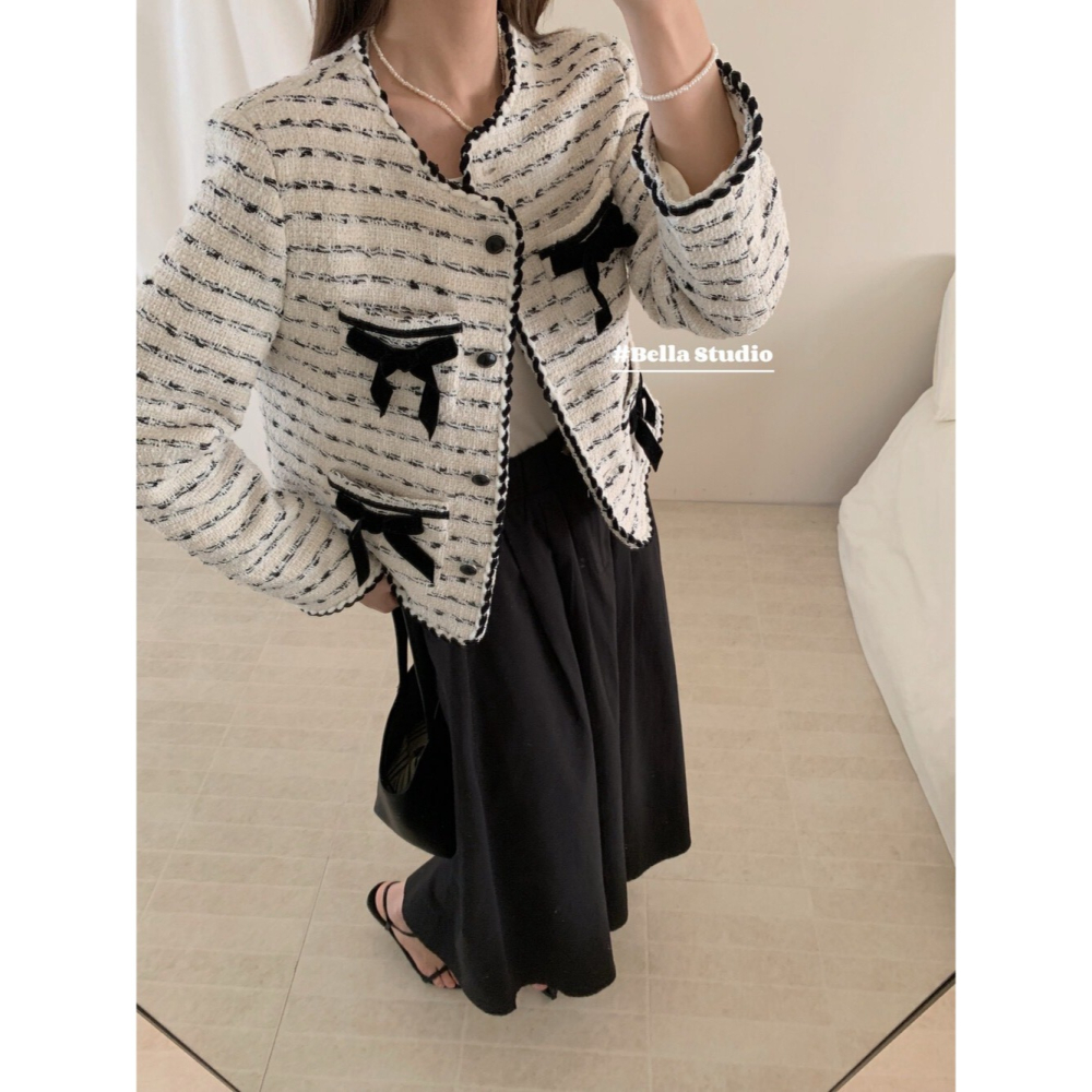 台中現貨 韓系小香風時尚名媛氣質洋氣甜美立體蝴蝶結高級感百搭短外套  E866-細節圖8