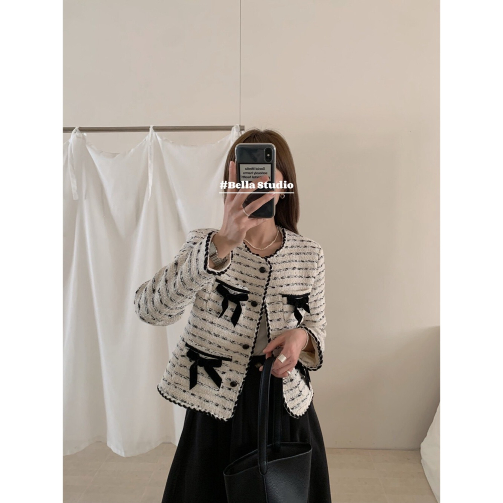 台中現貨 韓系小香風時尚名媛氣質洋氣甜美立體蝴蝶結高級感百搭短外套  E866-細節圖9