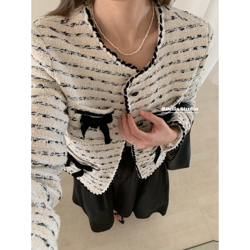 台中現貨 韓系小香風時尚名媛氣質洋氣甜美立體蝴蝶結高級感百搭短外套  E866-細節圖10