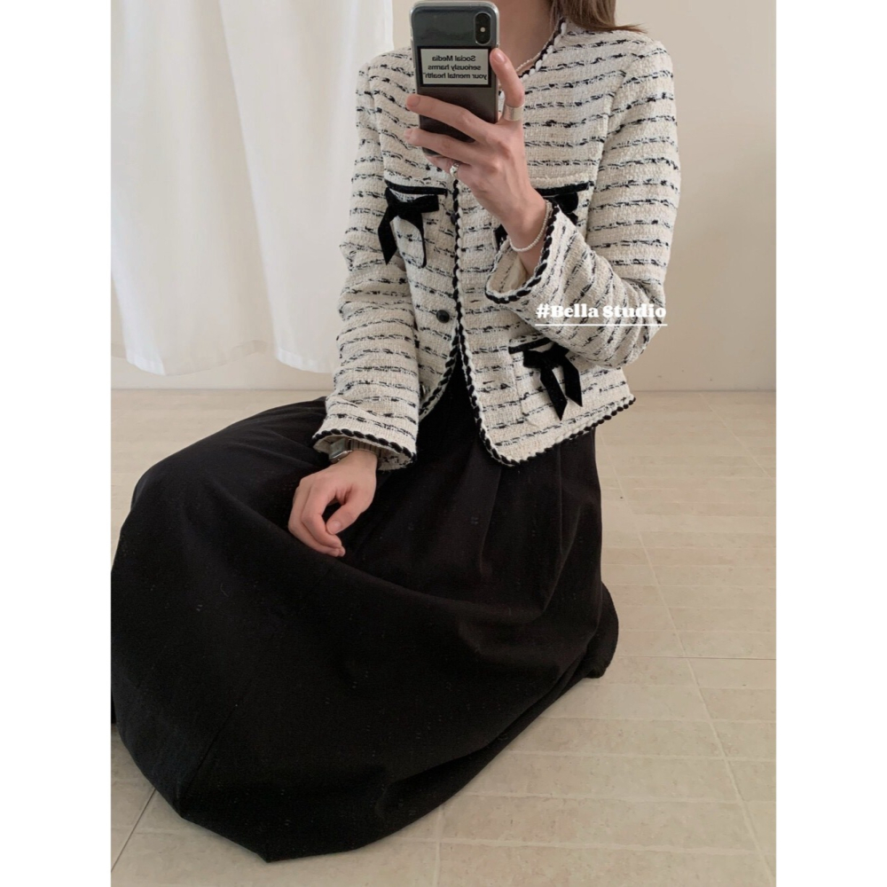 台中現貨 韓系小香風時尚名媛氣質洋氣甜美立體蝴蝶結高級感百搭短外套  E866-細節圖11