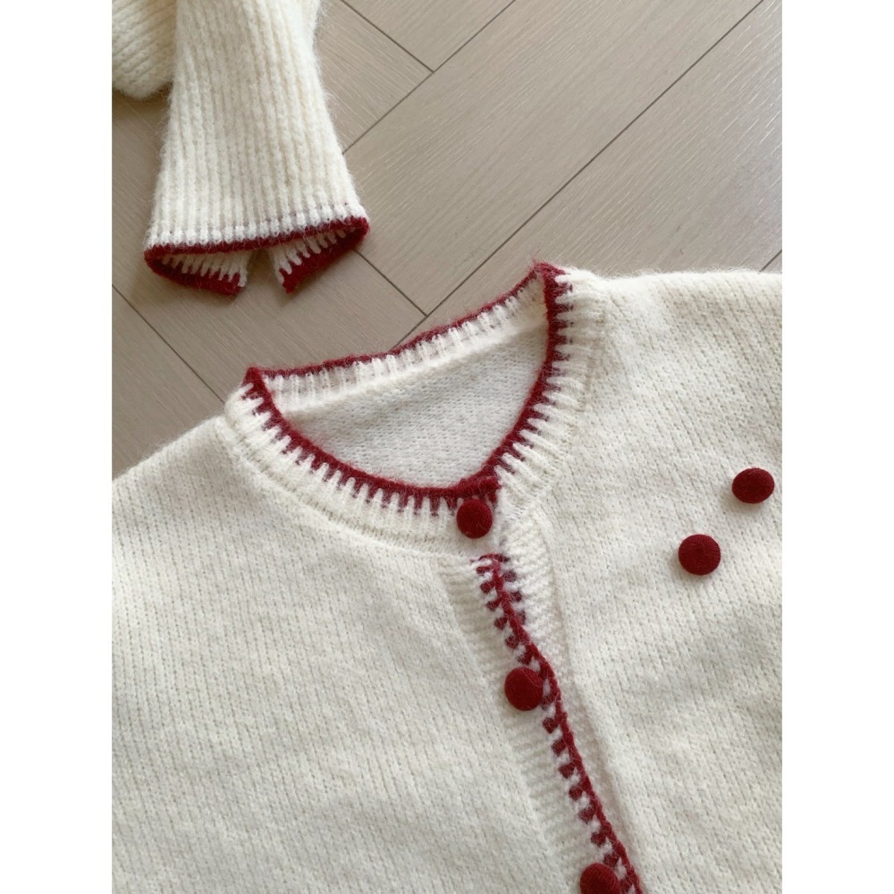 ［台中現貨⚡️過年紅色毛衣］韓系撞色外搭上衣毛衣 純色百搭減齡針織開衫(配圍巾) 🧧過年紅色毛衣 w8691 3色-細節圖7