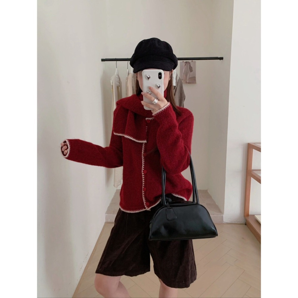 ［台中現貨⚡️過年紅色毛衣］韓系撞色外搭上衣毛衣 純色百搭減齡針織開衫(配圍巾) 🧧過年紅色毛衣 w8691 3色-細節圖10