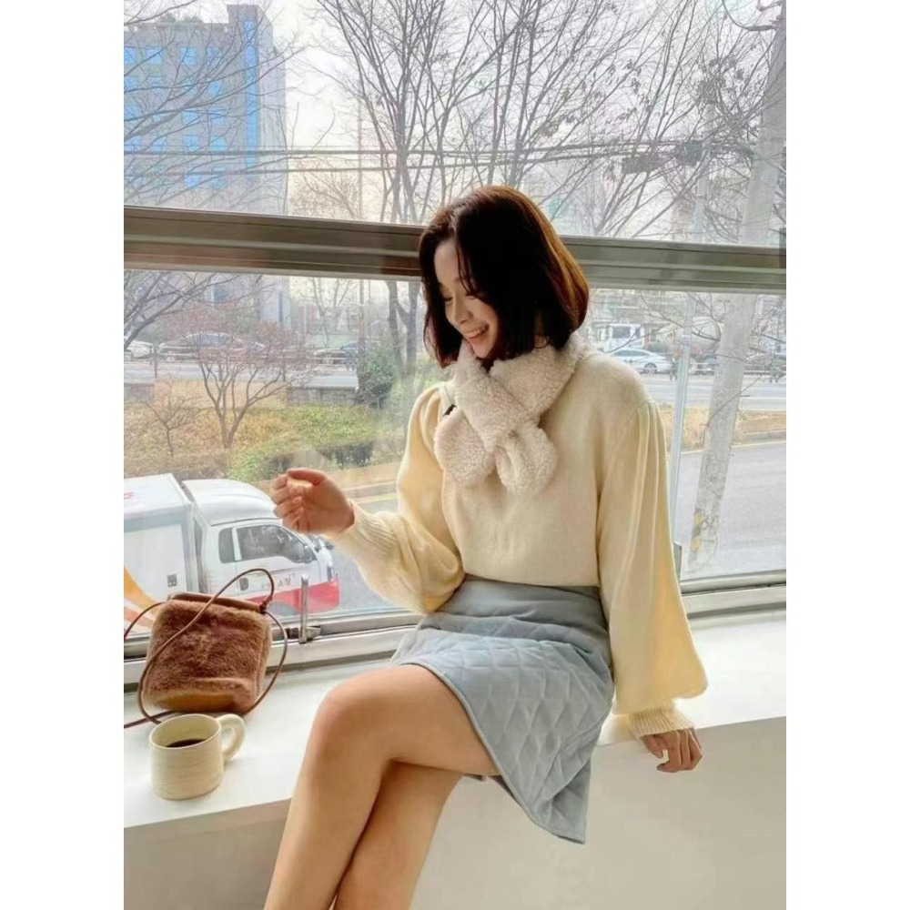 台中現貨⚡️202512正韓🇰🇷華夫格 格紋 純色 浪漫顯瘦公主袖 針織毛衣上衣 3色-細節圖7