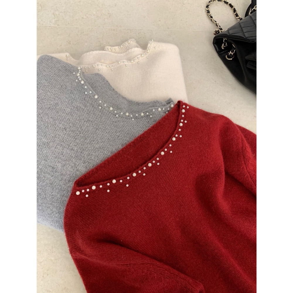 ［台中現貨⚡️過年紅色毛衣］💘 法式氣質重工手工珍珠設計保暖針織毛衣  1635s 過年紅色毛衣-細節圖3