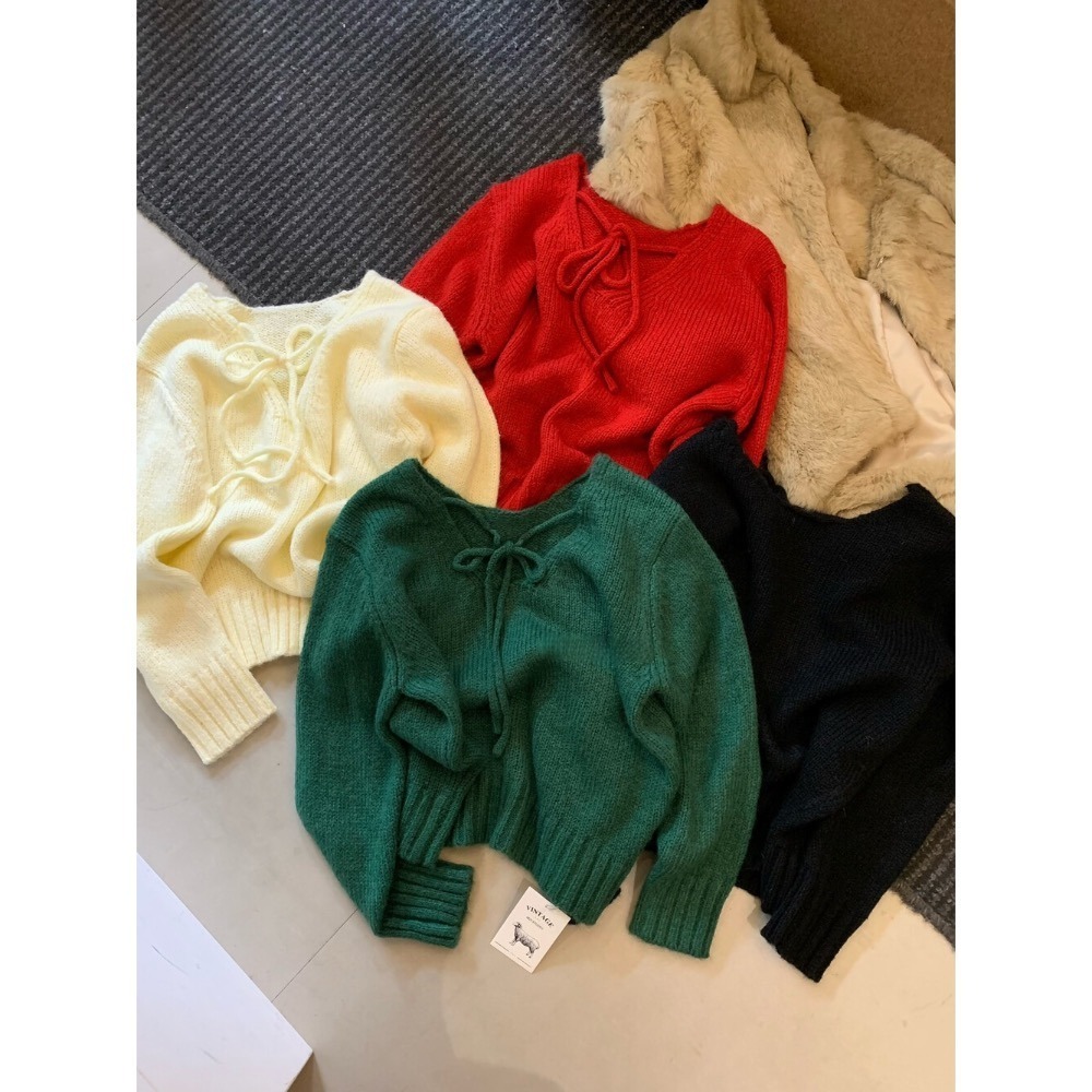 ［台中現貨⚡️過年紅色毛衣］💘韓系兩面穿溫柔綁帶蝴蝶結軟糯舒適甜美套頭保暖毛衣（含12%羊毛）過年紅色毛衣25178-細節圖2