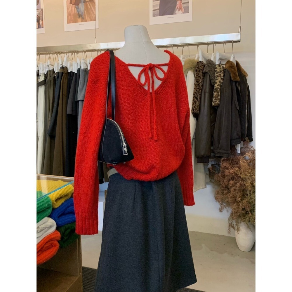 ［台中現貨⚡️過年紅色毛衣］💘韓系兩面穿溫柔綁帶蝴蝶結軟糯舒適甜美套頭保暖毛衣（含12%羊毛）過年紅色毛衣25178-細節圖8