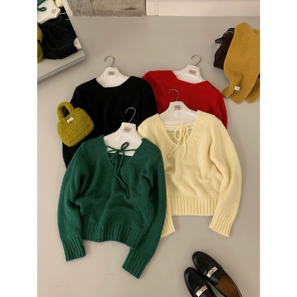 ［台中現貨⚡️過年紅色毛衣］💘韓系兩面穿溫柔綁帶蝴蝶結軟糯舒適甜美套頭保暖毛衣（含12%羊毛）過年紅色毛衣25178-細節圖9