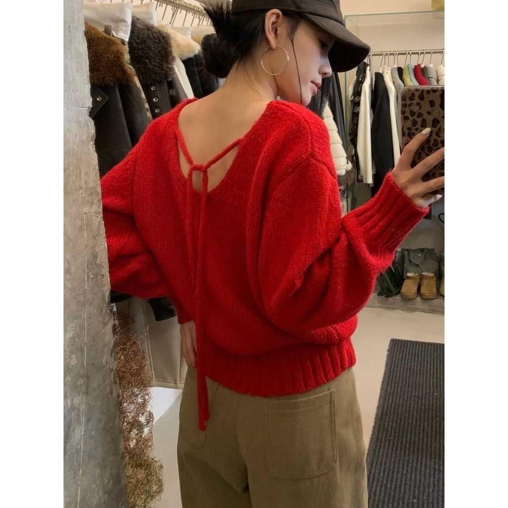［台中現貨⚡️過年紅色毛衣］💘韓系兩面穿溫柔綁帶蝴蝶結軟糯舒適甜美套頭保暖毛衣（含12%羊毛）過年紅色毛衣25178-規格圖11