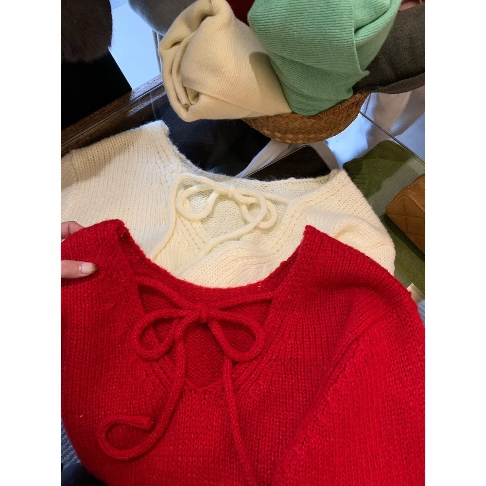 ［台中現貨⚡️過年紅色毛衣］💘韓系兩面穿溫柔綁帶蝴蝶結軟糯舒適甜美套頭保暖毛衣（含12%羊毛）過年紅色毛衣25178-規格圖11