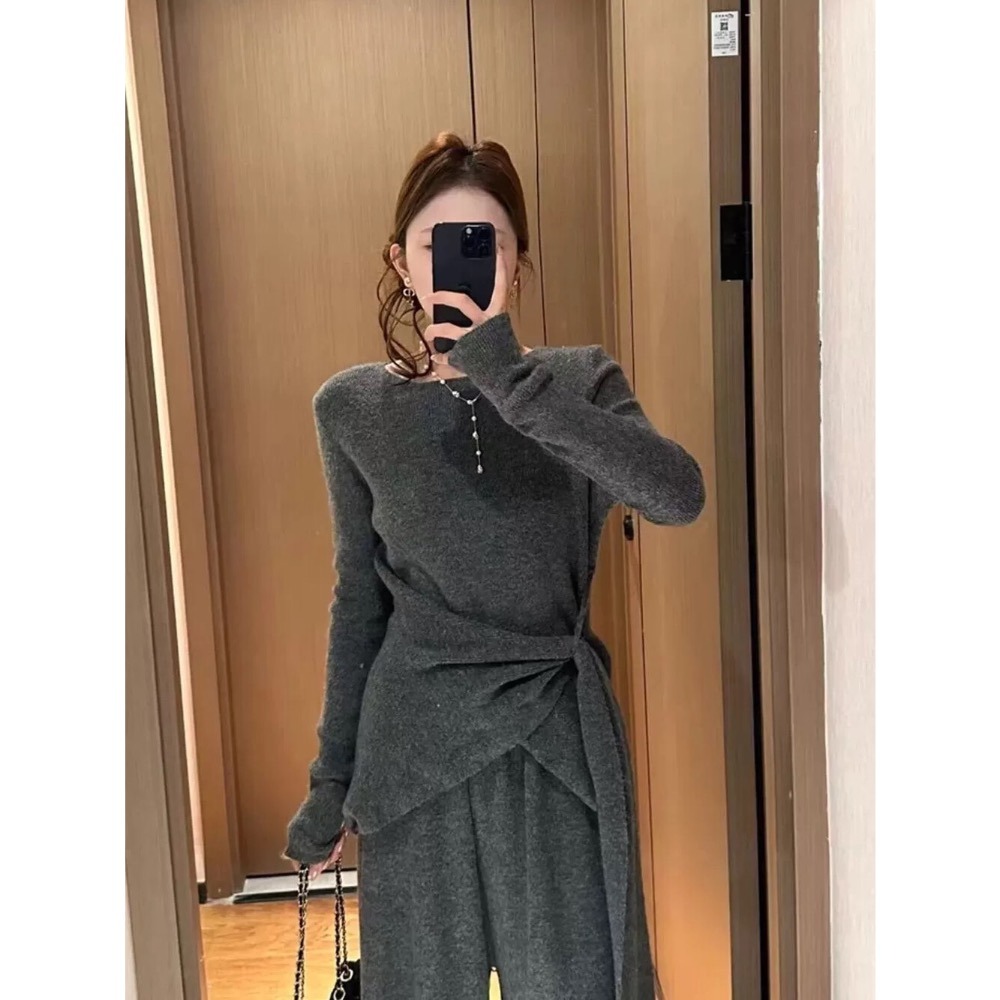 台中現貨⚡️202512小資💘法式復古風圓領長袖針織上衣+簡約闊腿休閒褲套裝 1199-555-細節圖5