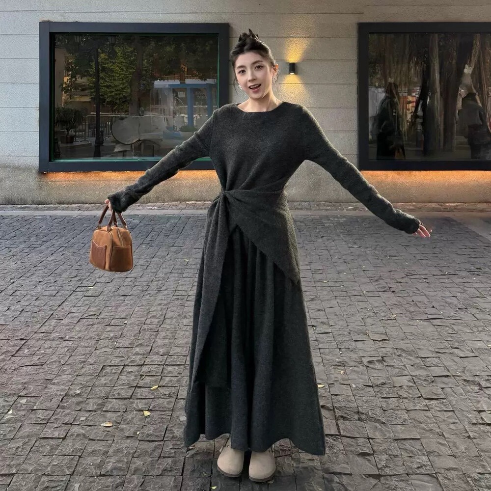 台中現貨⚡️202512小資💘法式復古風圓領長袖針織上衣+簡約闊腿休閒褲套裝 1199-555-細節圖7