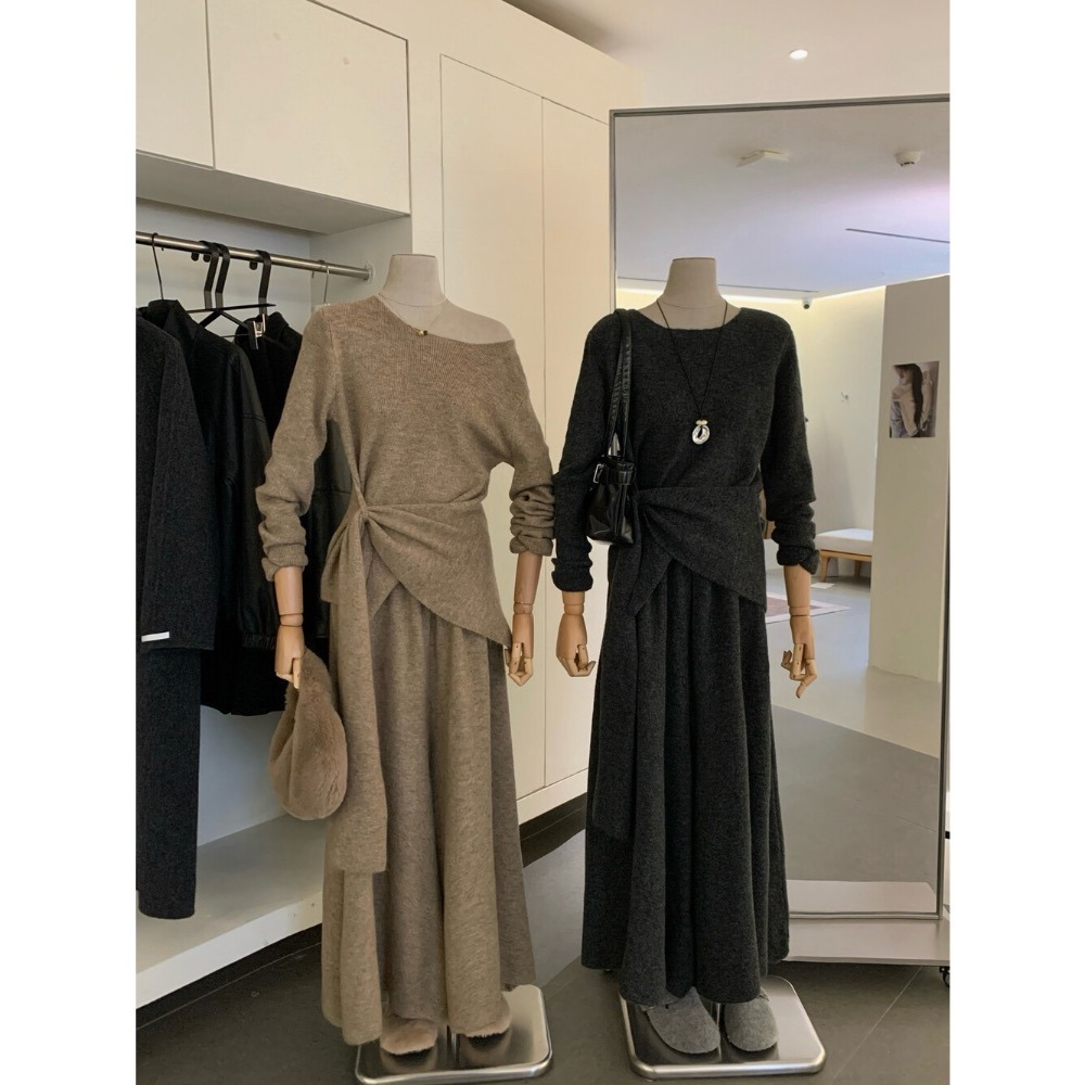 台中現貨⚡️202512小資💘法式復古風圓領長袖針織上衣+簡約闊腿休閒褲套裝 1199-555-細節圖8