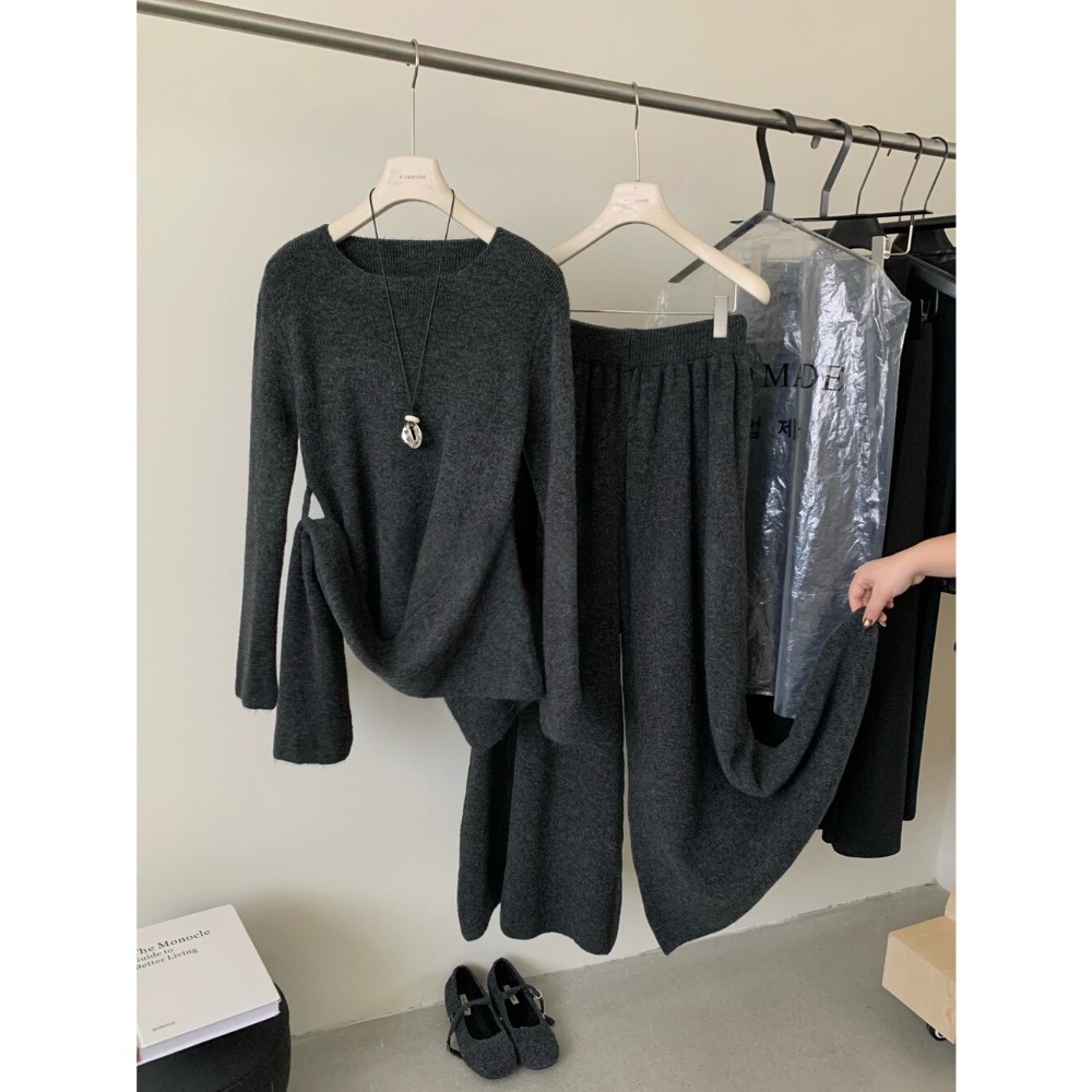 台中現貨⚡️202512小資💘法式復古風圓領長袖針織上衣+簡約闊腿休閒褲套裝 1199-555-細節圖10