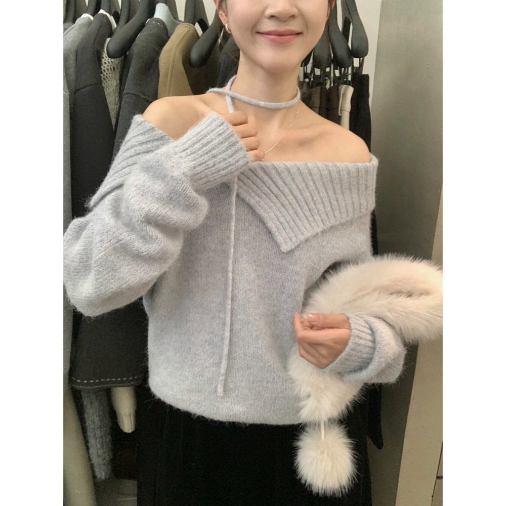 ［台中現貨⚡️過年紅色毛衣］韓系簡約大翻領小露香肩不規則綁帶腰繩 含8%羊毛針織毛衣 06745-細節圖7