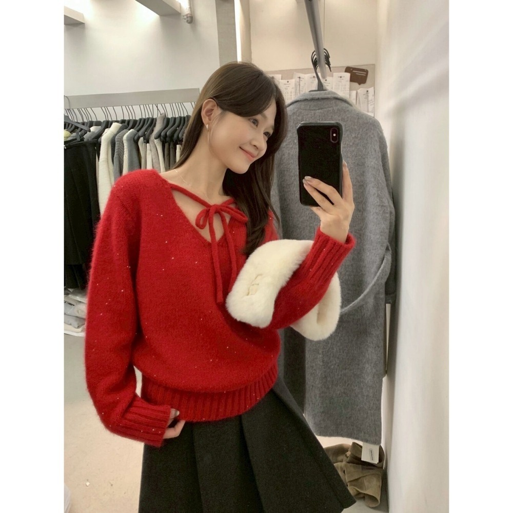 ［台中現貨⚡️過年紅色毛衣］💘細閃亮兩面穿溫柔綁帶蝴蝶結軟糯舒適甜美套頭保暖毛衣（含8%羊毛）過年紅色毛衣06742-細節圖9
