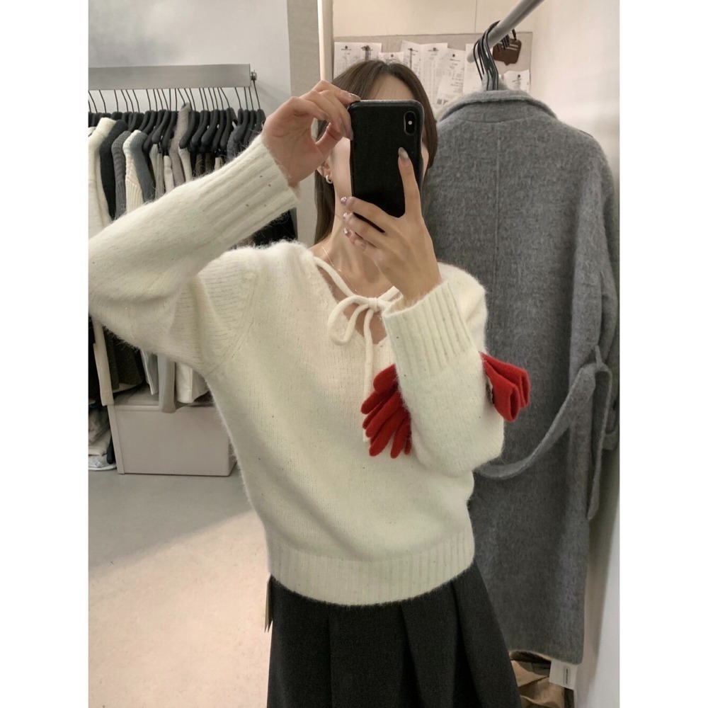 ［台中現貨⚡️過年紅色毛衣］💘細閃亮兩面穿溫柔綁帶蝴蝶結軟糯舒適甜美套頭保暖毛衣（含8%羊毛）過年紅色毛衣06742-細節圖10