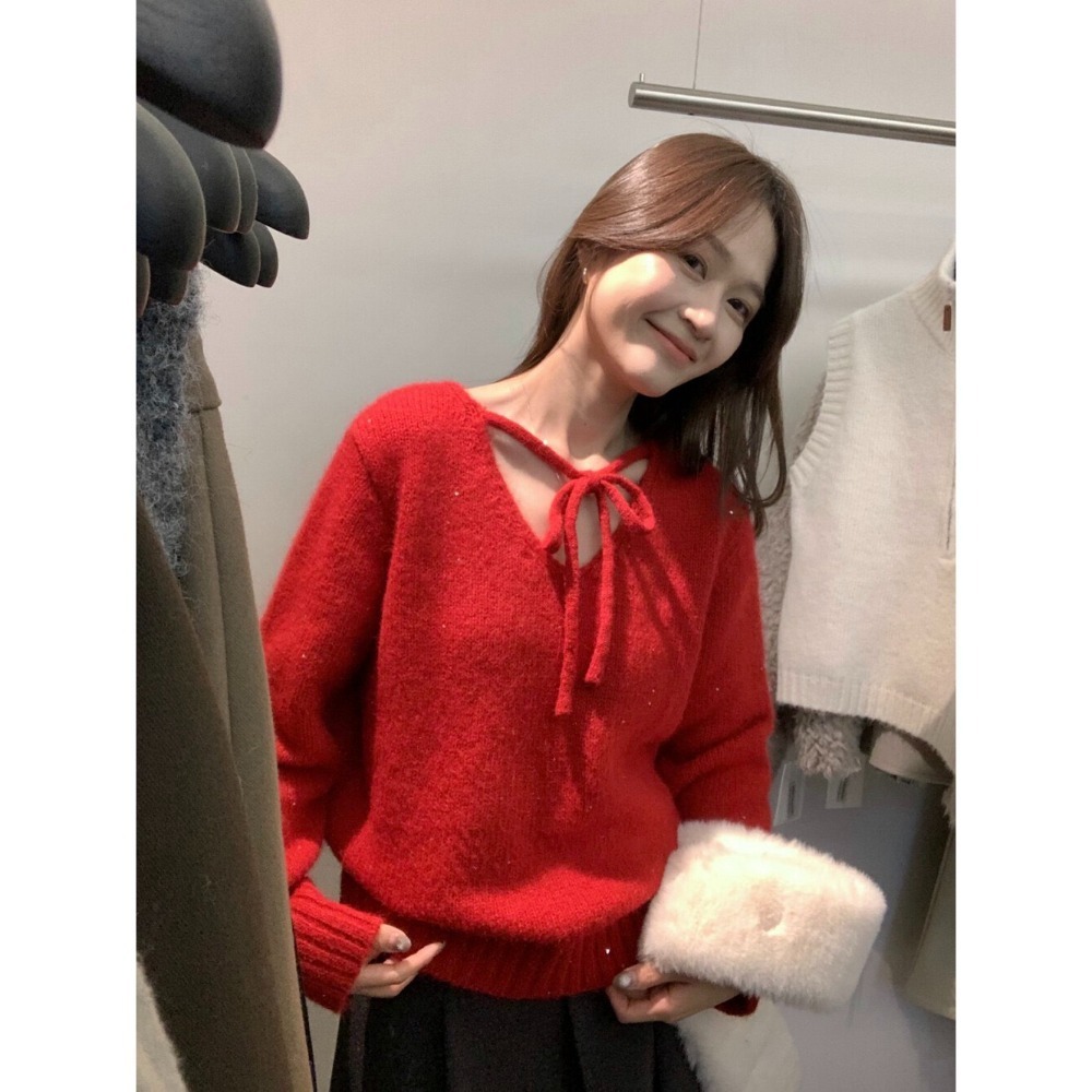 ［台中現貨⚡️過年紅色毛衣］💘細閃亮兩面穿溫柔綁帶蝴蝶結軟糯舒適甜美套頭保暖毛衣（含8%羊毛）過年紅色毛衣06742-規格圖11