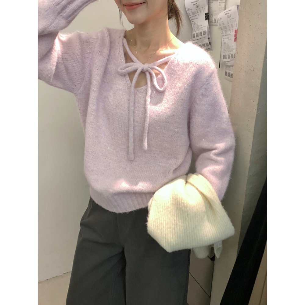 ［台中現貨⚡️過年紅色毛衣］💘細閃亮兩面穿溫柔綁帶蝴蝶結軟糯舒適甜美套頭保暖毛衣（含8%羊毛）過年紅色毛衣06742-規格圖11