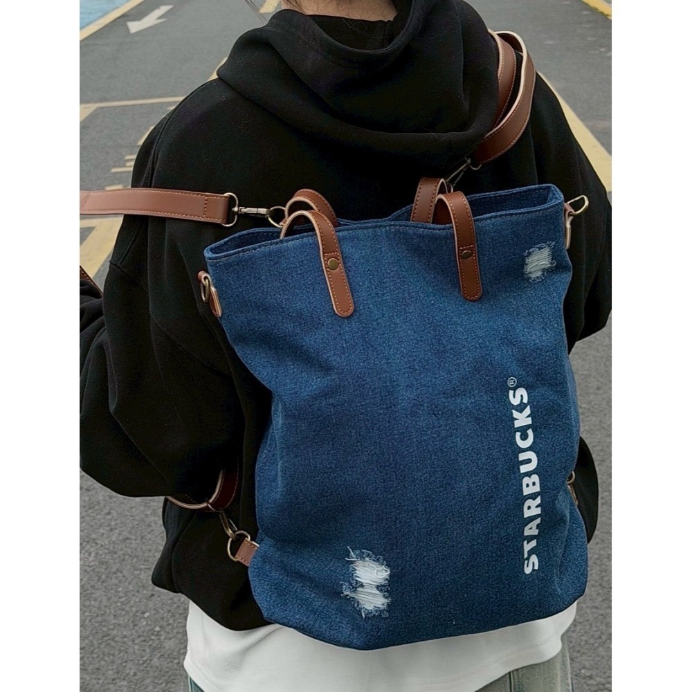 即將抵台🔥星巴克正品 丹寧多背法中性刷破後背包 斜背包 ✨丹寧星咖系列 中國限定 2026 3月新品-細節圖3