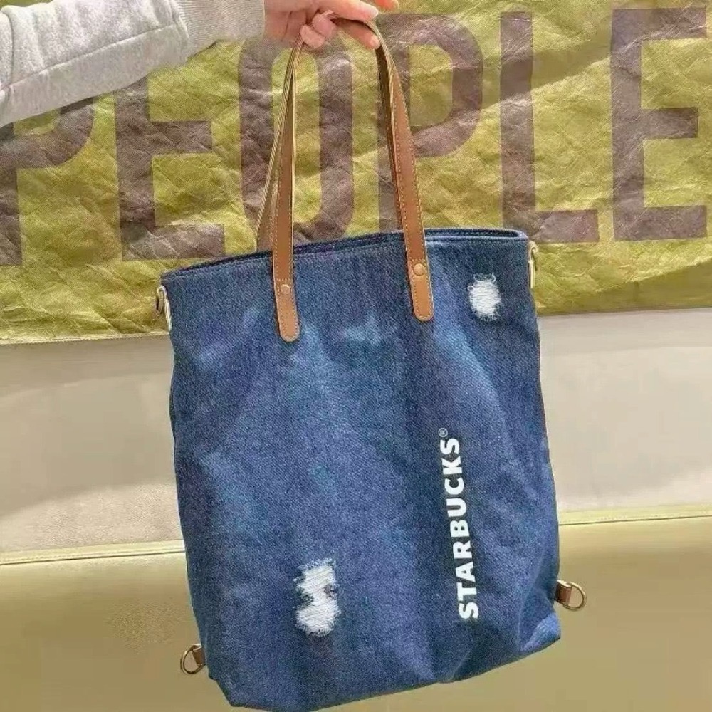 即將抵台🔥星巴克正品 丹寧多背法中性刷破後背包 斜背包 ✨丹寧星咖系列 中國限定 2026 3月新品-細節圖6