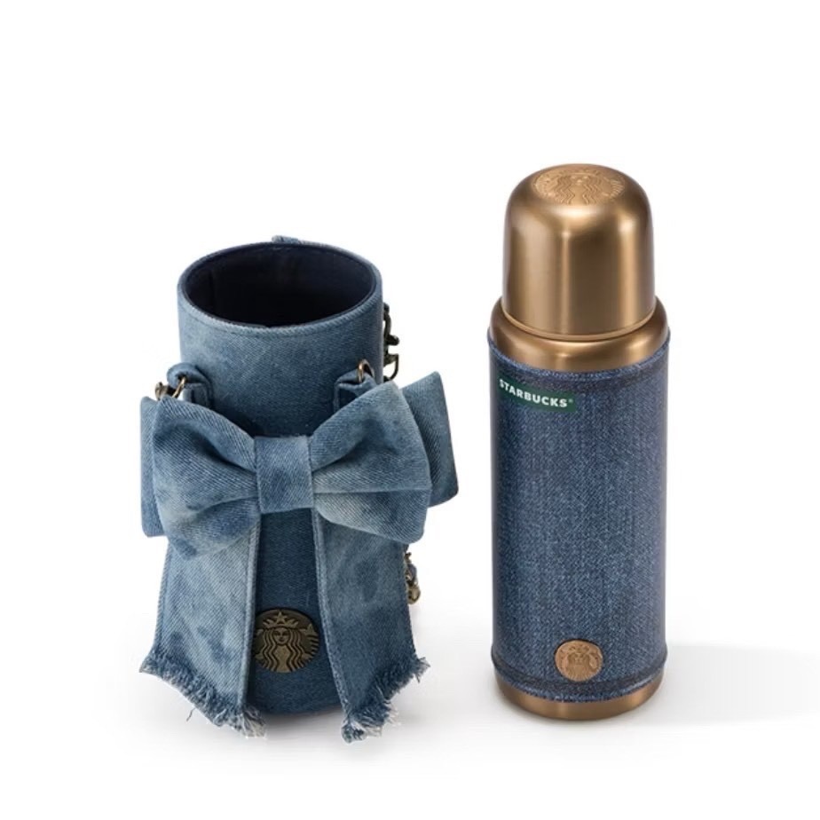 即將抵台🔥星巴克正品 丹寧蝴蝶結杯套鏈條＋460ml不鏽鋼復古銅金保溫杯✨丹寧星咖系列 中國限定 2026 3月新品-規格圖9