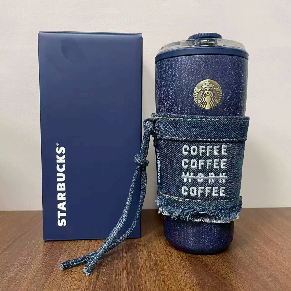 即將抵台🔥星巴克正品 丹寧刺繡流蘇金屬鏈杯套＋620ml不鏽鋼丹寧印花保溫杯 ✨丹寧星咖系列 中國限定 2026-細節圖2