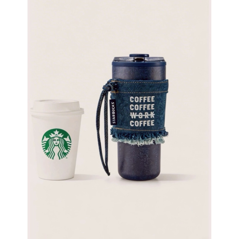 即將抵台🔥星巴克正品 丹寧刺繡流蘇金屬鏈杯套＋620ml不鏽鋼丹寧印花保溫杯 ✨丹寧星咖系列 中國限定 2026-細節圖7