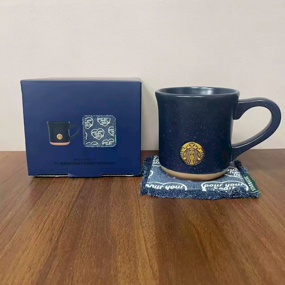 385ml復古銘牌陶瓷馬克杯＋丹寧杯墊