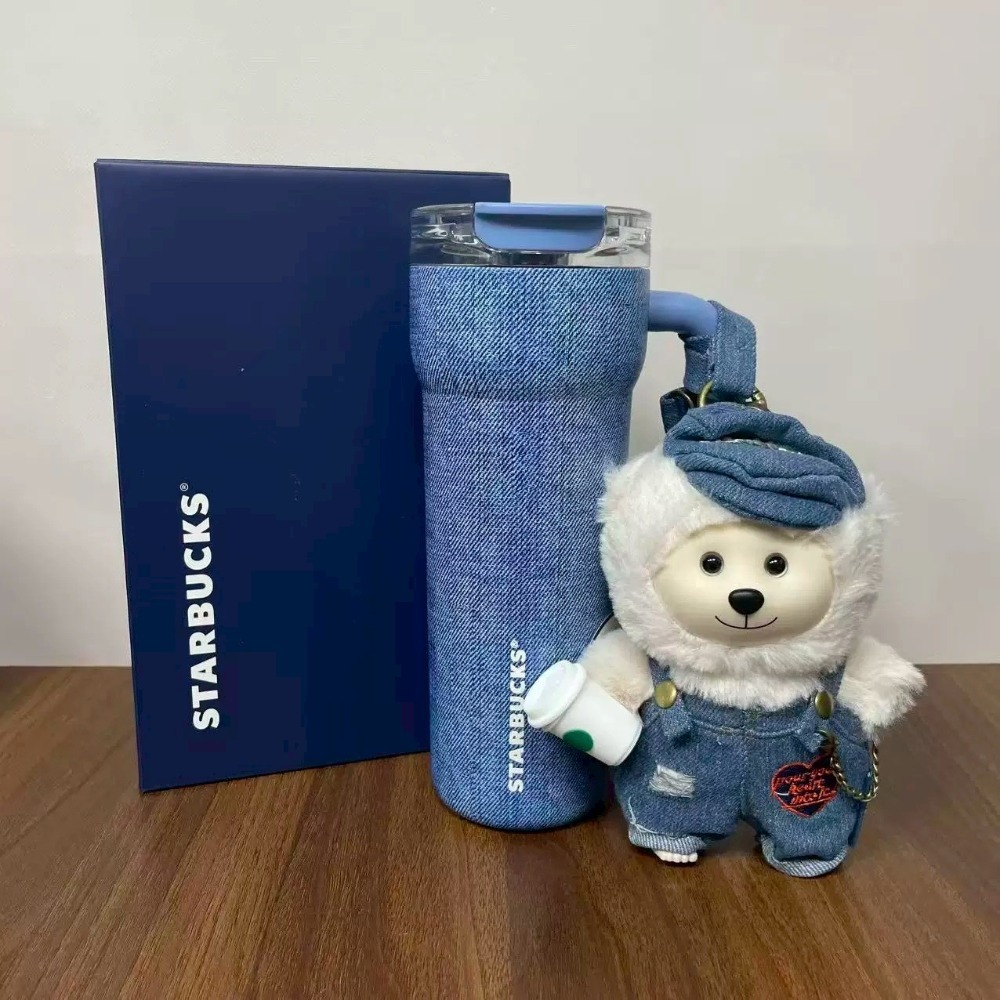 690ml不鏽鋼丹寧印花保溫杯＋白色吊帶熊