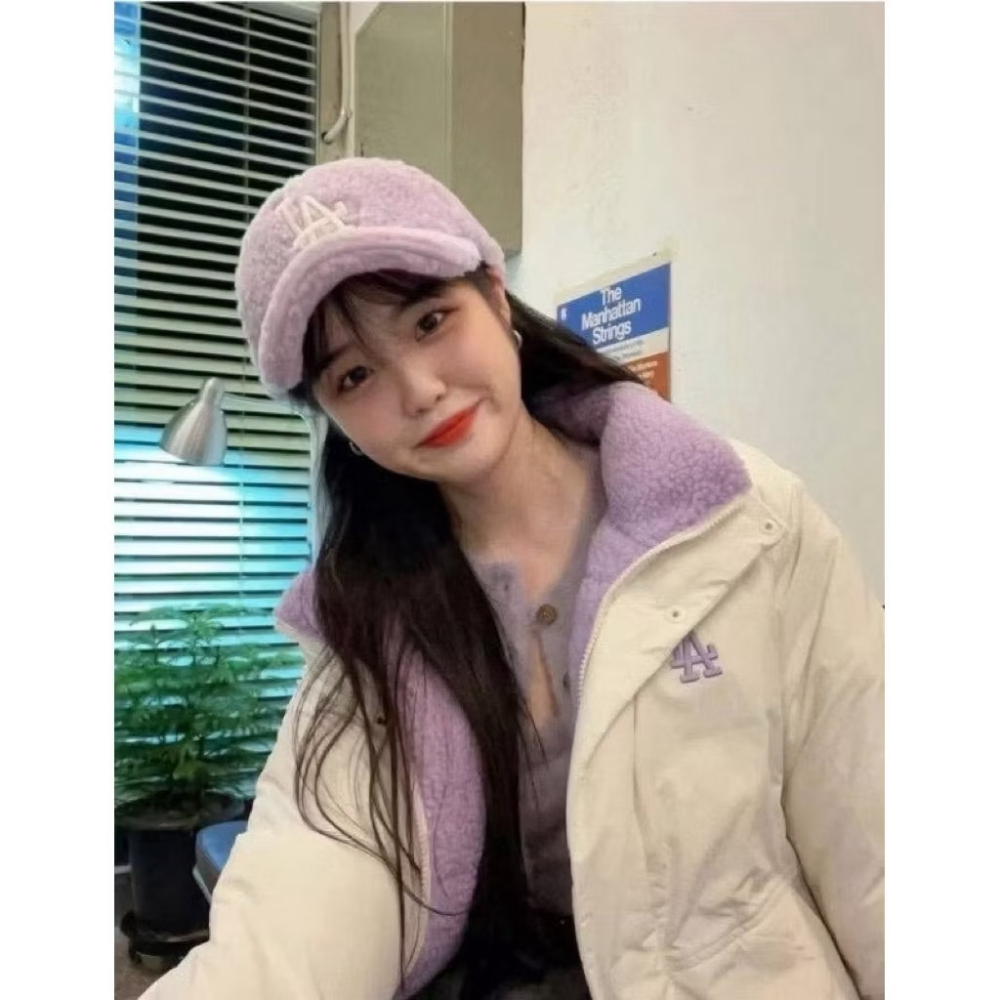 台中正品現貨⚡️ 韓國🇰🇷 薰衣草紫 奶紫MLB刺繡毛毛帽 老帽 棒球帽 LA 小羔羊🐑可調頭圍-細節圖2