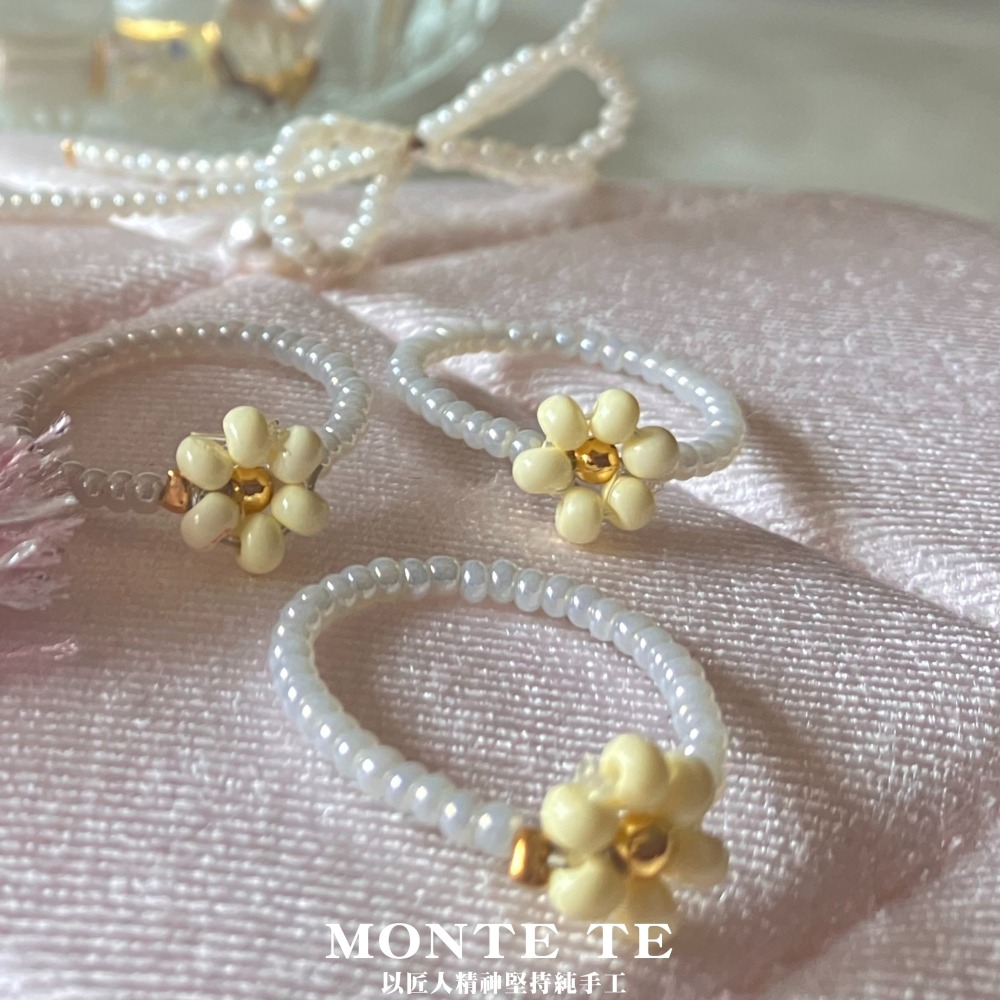 MONTE TE原創設計手作~奶油色串珠小花戒指-細節圖3