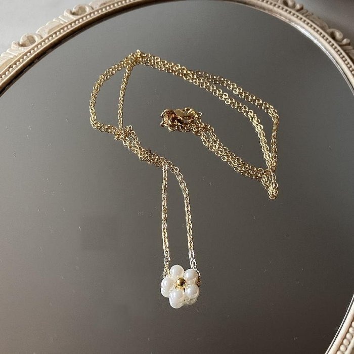 項鍊【MONTE TE手作飾品】日韓風小眾原創小花珍珠吊墜金色項鍊-細節圖3