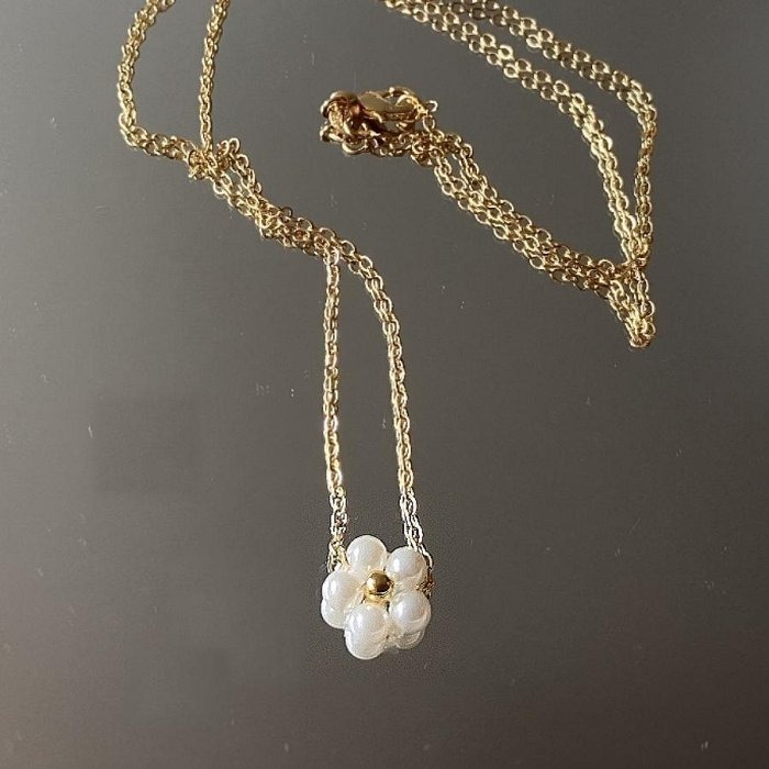 項鍊【MONTE TE手作飾品】日韓風小眾原創小花珍珠吊墜金色項鍊-細節圖4