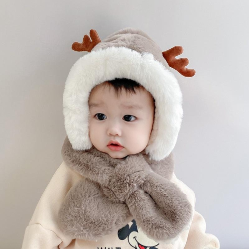 可愛毛絨聖誕嬰兒帽 寶寶護耳帽 小鹿帽 毛絨可愛帽 聖誕鹿角 圍巾 毛帽 帽子 禦寒 套頭 聖誕節 男童 女童 帽子