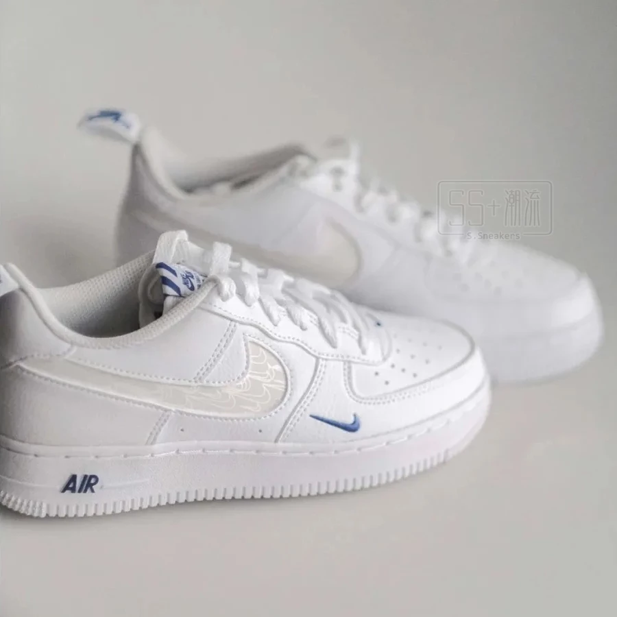 Nike Air Force 1 AF1 休閒鞋 白 白藍 海鹽藍 刺繡 小藍勾 藍勾 小勾 反光 FB8971-100-細節圖3